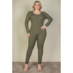 Plus Size Ribbed Scoop Neck Long Sleeve Jumpsuit