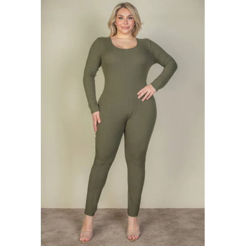 Plus Size Ribbed Scoop Neck Long Sleeve Jumpsuit