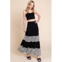 Long Tiered Contrast Fashion Skirt With Velvet Animal Print Mesh