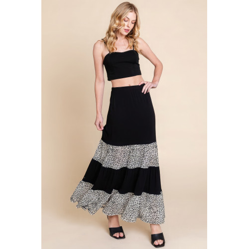 Long Tiered Contrast Fashion Skirt With Velvet Animal Print Mesh