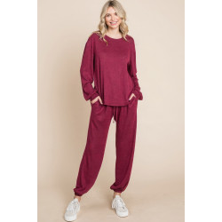 Two Tone Solid Warm And Soft Hacci Brush Loungewear Set