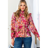Floral Mock Neck Smocked Yoke Blouse