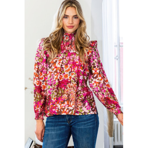 Floral Mock Neck Smocked Yoke Blouse
