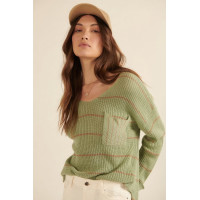 Striped Rib-knit Oversized Pocket Sweater
