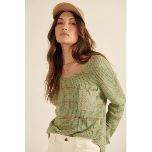 Striped Rib-knit Oversized Pocket Sweater