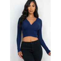 Ribbed Wrap Front Long Sleeve Top