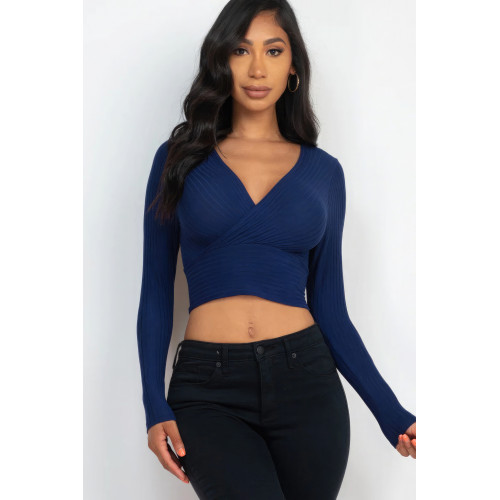 Ribbed Wrap Front Long Sleeve Top