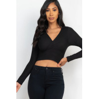 Ribbed Wrap Front Long Sleeve Top