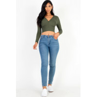 Ribbed Wrap Front Long Sleeve Top