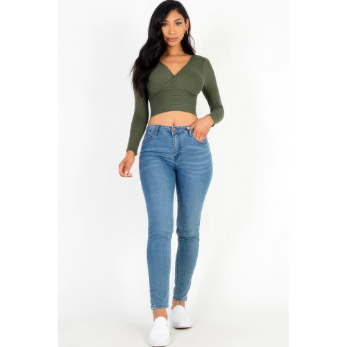 Ribbed Wrap Front Long Sleeve Top