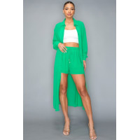 Chiffon Button Down Long Sleeve Side Slit Long Top With Short Set