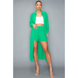 Chiffon Button Down Long Sleeve Side Slit Long Top With Short Set