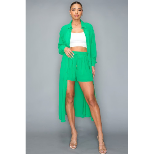 Chiffon Button Down Long Sleeve Side Slit Long Top With Short Set