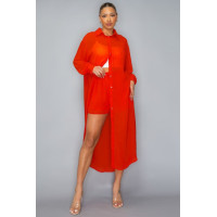 Chiffon Button Down Long Sleeve Side Slit Long Top With Short Set