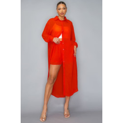 Chiffon Button Down Long Sleeve Side Slit Long Top With Short Set