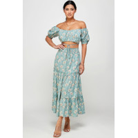 Floral Off Shoulder Sleeve Back Tie Top Skirt Set