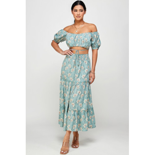 Floral Off Shoulder Sleeve Back Tie Top Skirt Set