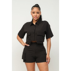 Front Button Down Side Pockets Top And Shorts Set