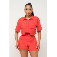 Front Button Down Side Pockets Top And Shorts Set