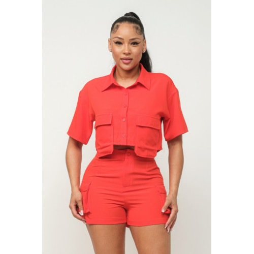 Front Button Down Side Pockets Top And Shorts Set