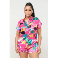 Satin Dolman Print Button Down Top And Shorts Set