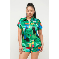 Satin Dolman Print Button Down Top And Shorts Set
