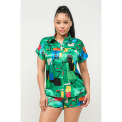 Satin Dolman Print Button Down Top And Shorts Set