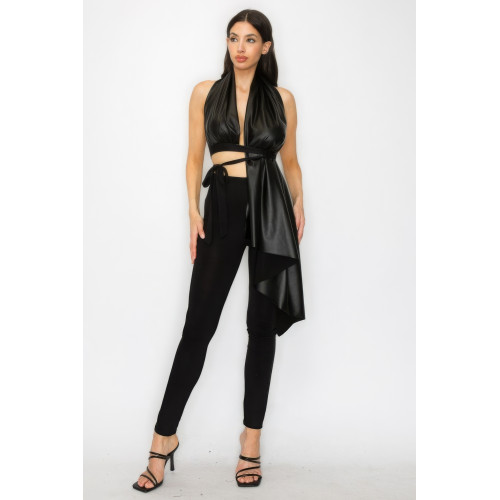 Faux Leather Top Pants Set
