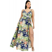 Plus Tropical Leaf Print Surplice Maxi Dress