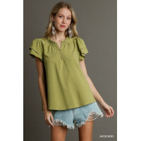 Boxy Cut Faux Button Ruffle Neckline Top With Short Layered Sleeves
