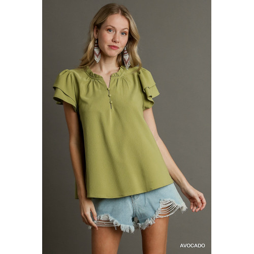 Boxy Cut Faux Button Ruffle Neckline Top With Short Layered Sleeves