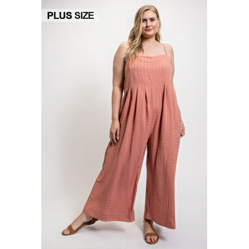 Texture Woven Sleeveless Jumpsuit With Side Button