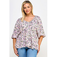 Floral V-neck Babydoll Balloon Slv Top