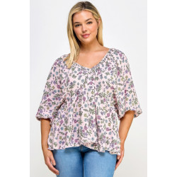 Floral V-neck Babydoll Balloon Slv Top