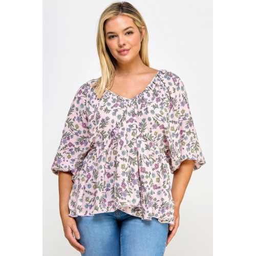 Floral V-neck Babydoll Balloon Slv Top