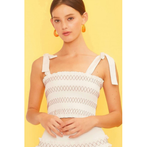 Self Tie Shoulder Smocking Ruffle Crop Top
