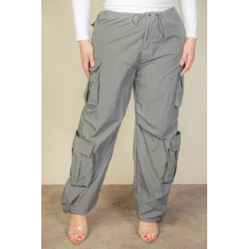 Plus Size Flap Pockets Drawstring Ruched Parachute Pants