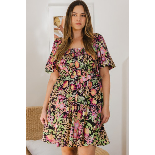 Plus Floral Printed Center Tie-back Mini Dress