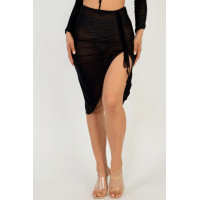 Sexy Sheer Mesh Drawstring Ruched Skirt