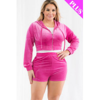 Plus Size Velour Crop Zip Up Hoodie And Shorts Set