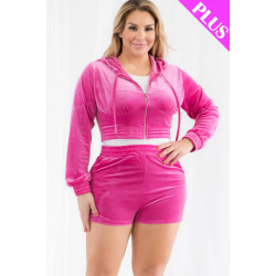 Plus Size Velour Crop Zip Up Hoodie And Shorts Set