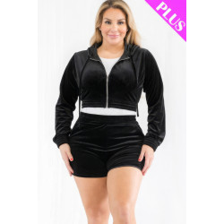 Plus Size Velour Crop Zip Up Hoodie And Shorts Set