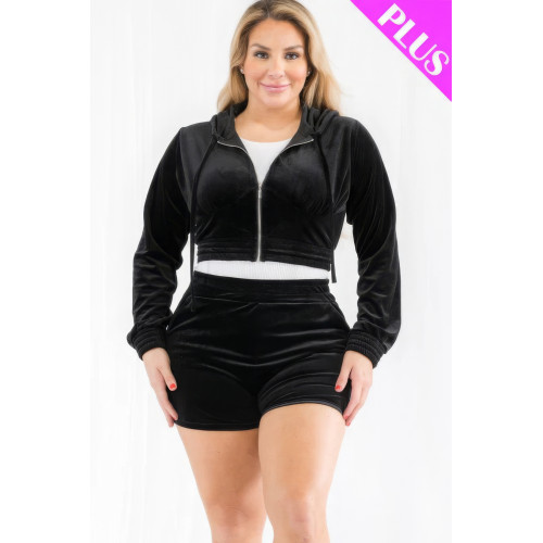 Plus Size Velour Crop Zip Up Hoodie And Shorts Set