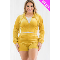 Plus Size Velour Crop Zip Up Hoodie And Shorts Set
