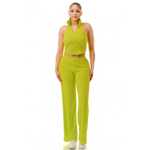 Crinkle Wide Pants Set Zipper