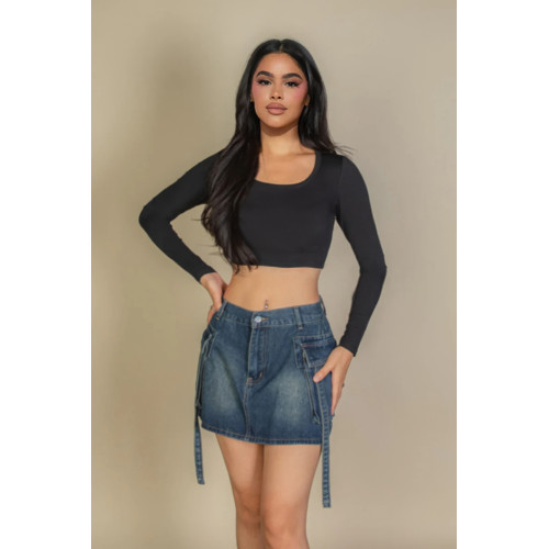 Solid Rib Knit Square Neck Long Sleeve Top