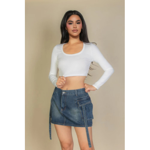 Solid Rib Knit Square Neck Long Sleeve Top