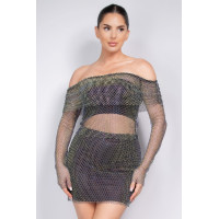 Shirred Off-shoulder Fishnet Top