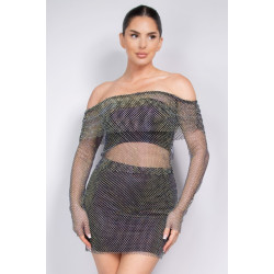 Shirred Off-shoulder Fishnet Top
