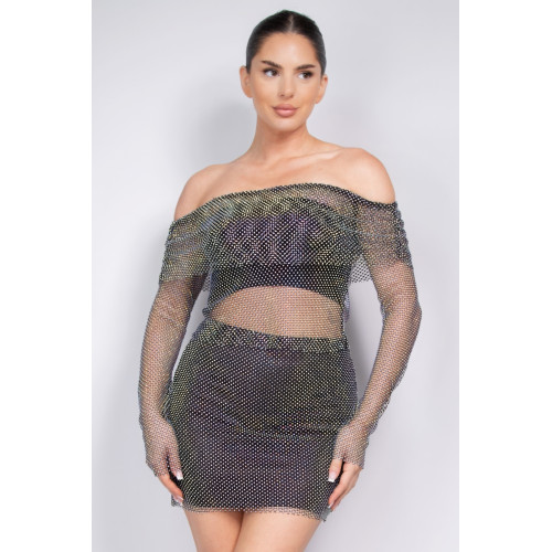 Shirred Off-shoulder Fishnet Top